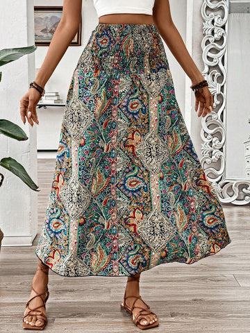 VCAY Summer Vacation Bohemian Style Vintage Printed High Waist Skirt For Women