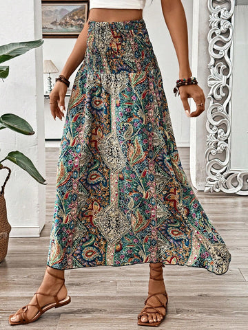 VCAY Summer Vacation Bohemian Style Vintage Printed High Waist Skirt For Women
