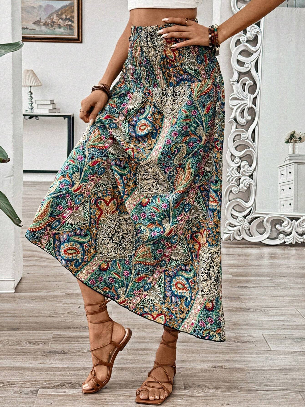 VCAY Summer Vacation Bohemian Style Vintage Printed High Waist Skirt For Women