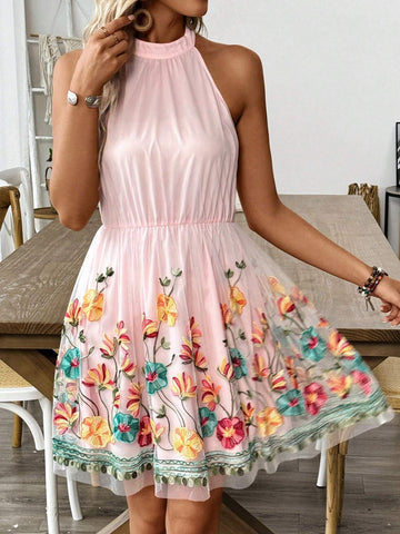 Summer Vacation Casual Floral Embroidery Mesh Patchwork Halterneck Dress