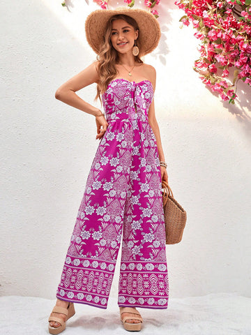 Summer Vacation Full Print Tie Front Strapless Women's Jumpsuit For Valentine's Day