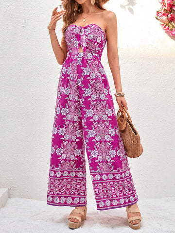Summer Vacation Full Print Tie Front Strapless Women's Jumpsuit For Valentine's Day