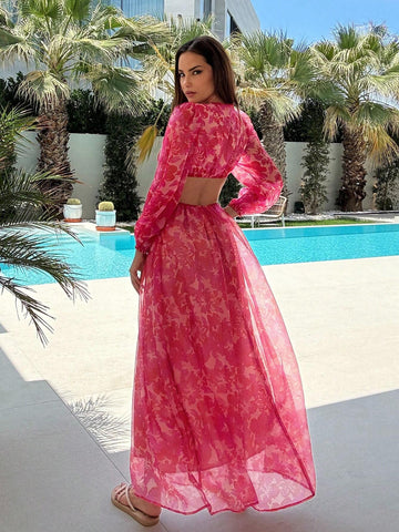 Summer Vacation Long Sleeve V-Neck Floral Printed Dress With Hollow Out Waistline Long Summer