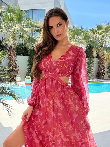 Summer Vacation Long Sleeve V-Neck Floral Printed Dress With Hollow Out Waistline Long Summer