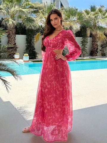 Summer Vacation Long Sleeve V-Neck Floral Printed Dress With Hollow Out Waistline Long Summer