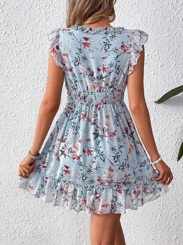 Summer Vacation Spring/Summer Petite Floral Print V-Neck Short Dress Ruffles