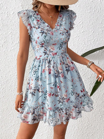 Summer Vacation Spring/Summer Petite Floral Print V-Neck Short Dress Ruffles
