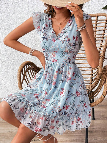Summer Vacation Spring/Summer Petite Floral Print V-Neck Short Dress Ruffles