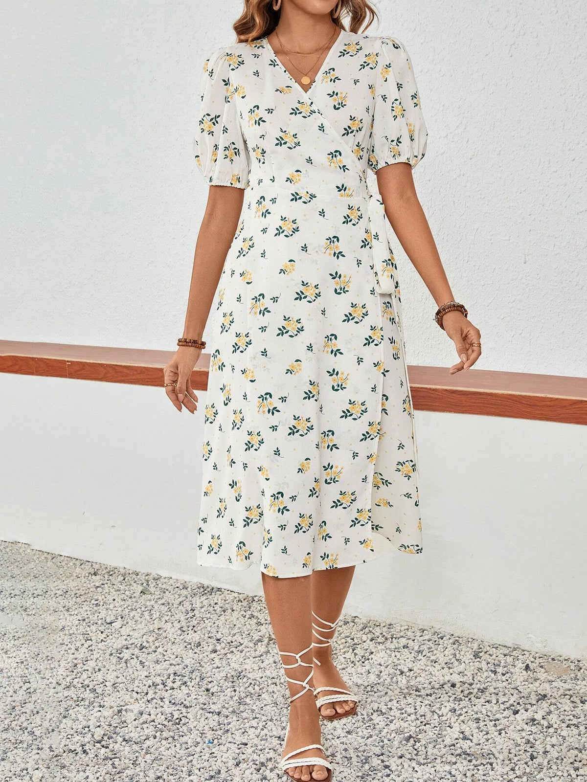 Summer White Base French Style Floral Women's Dress