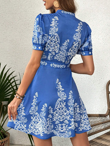 Summer Woman Blue & White Floral Print Puff Sleeves Button Front Notched Neck Dress