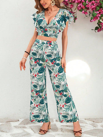 Summer Women'S Butterfly Sleeve Plant Printed Top And Pants Suit