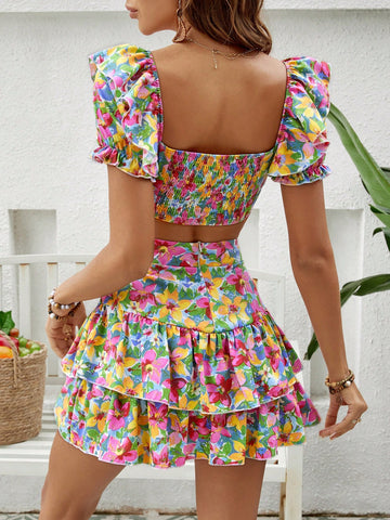 Summer Women'S Floral Print Ruffle Trim Crop Top And Skirt Set