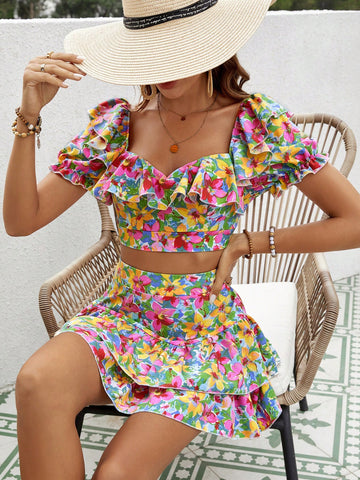 Summer Women'S Floral Print Ruffle Trim Crop Top And Skirt Set