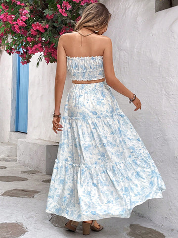 Summer Women'S Floral Printed Tube Top With Ruffle Hem Skirt Set