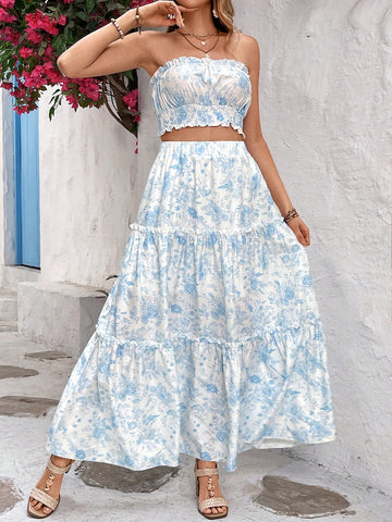 Summer Women'S Floral Printed Tube Top With Ruffle Hem Skirt Set