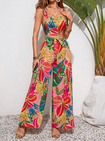 Summer Women'S Flower Print Sleeveless Top And Wide Leg Pants Set