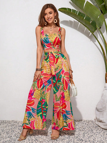 Summer Women'S Flower Print Sleeveless Top And Wide Leg Pants Set