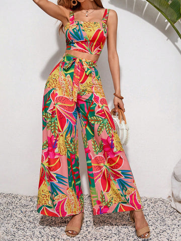 Summer Women'S Flower Print Sleeveless Top And Wide Leg Pants Set
