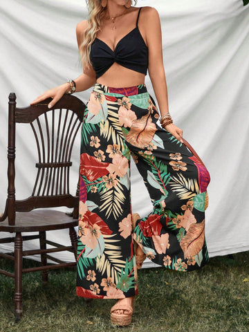 Summer Women'S Knotted Strap Tank Top And Botanical Printed Pants Set