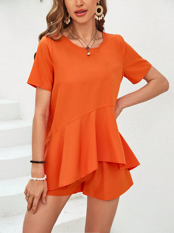 Summer Women'S Ruffle Hem Top And Shorts Set