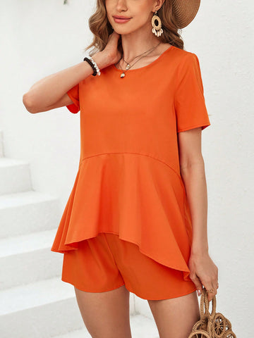Summer Women'S Ruffle Hem Top And Shorts Set
