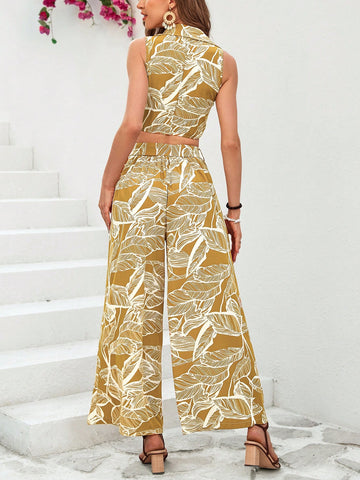 Summer Women'S Tropical Print Tie Front Sleeveless Top And Wide Leg Pants Set
