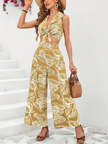 Summer Women'S Tropical Print Tie Front Sleeveless Top And Wide Leg Pants Set