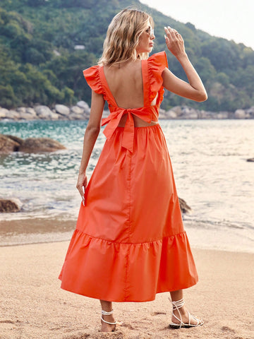 VCAY Summer Women Beach Clothes Solid Orange Color Holiday Style Backless Bow-Knot Strap Ruffle Hem Maxi Dress