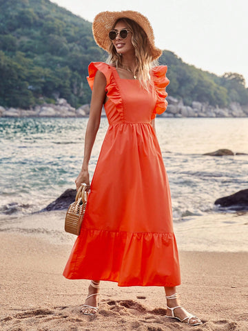 VCAY Summer Women Beach Clothes Solid Orange Color Holiday Style Backless Bow-Knot Strap Ruffle Hem Maxi Dress