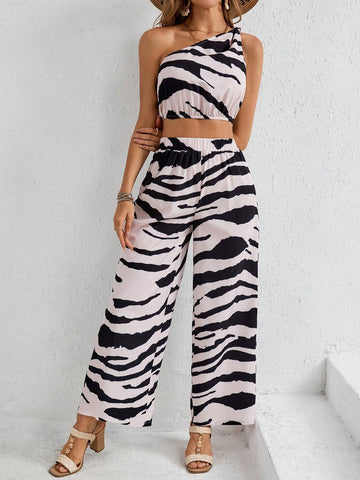 Summer Women's 2pcs Zebra Pattern Woven Jumpsuit With One Shoulder Top And Long Pants, Ideal For Vacation