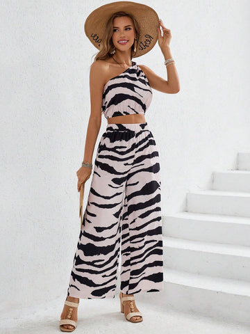 Summer Women's 2pcs Zebra Pattern Woven Jumpsuit With One Shoulder Top And Long Pants, Ideal For Vacation