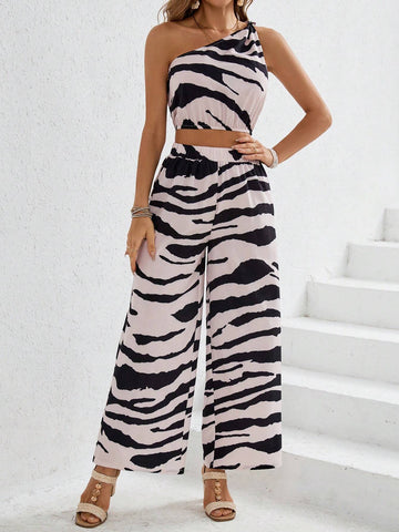 Summer Women's 2pcs Zebra Pattern Woven Jumpsuit With One Shoulder Top And Long Pants, Ideal For Vacation