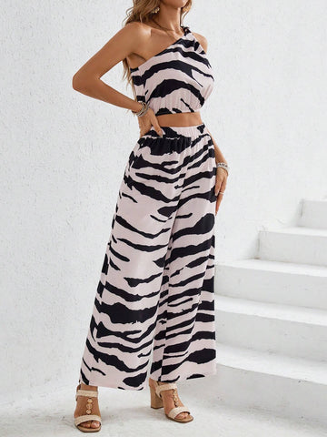 Summer Women's 2pcs Zebra Pattern Woven Jumpsuit With One Shoulder Top And Long Pants, Ideal For Vacation