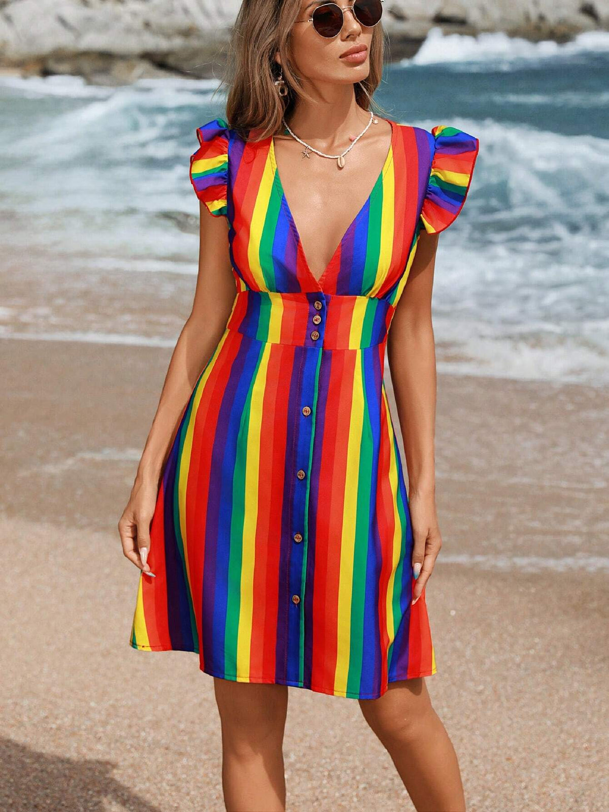Summer Women's Cap Sleeve Colorful Stripe Casual Holiday Printed Dress With Front Button Decoration