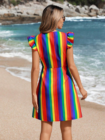 Summer Women's Cap Sleeve Colorful Stripe Casual Holiday Printed Dress With Front Button Decoration