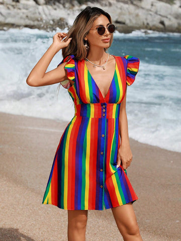 Summer Women's Cap Sleeve Colorful Stripe Casual Holiday Printed Dress With Front Button Decoration