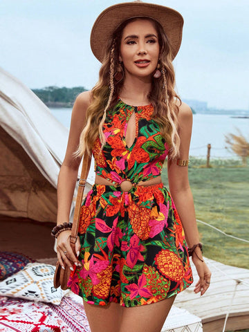 Summer Women's Halter Neck Hollow Out Backless Sleeveless Full Printed Music Festival Jumpsuit Country Festival Outfits Vacation