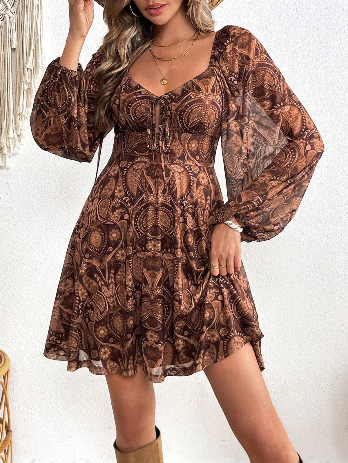 Sweetheart Collar Long Sleeve Fitted Beach Knit Mini Dress