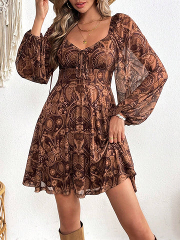 Sweetheart Collar Long Sleeve Fitted Beach Knit Mini Dress