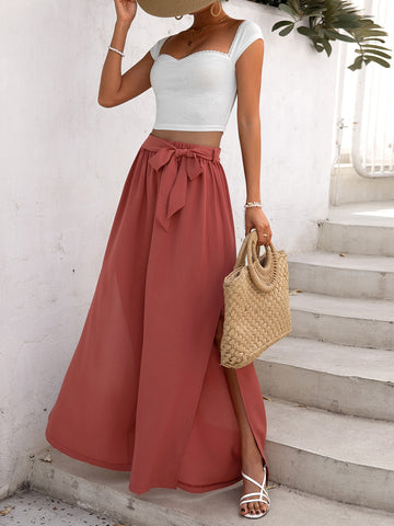 Sweetheart Neck Crop Top & Split Thigh Belted Pants