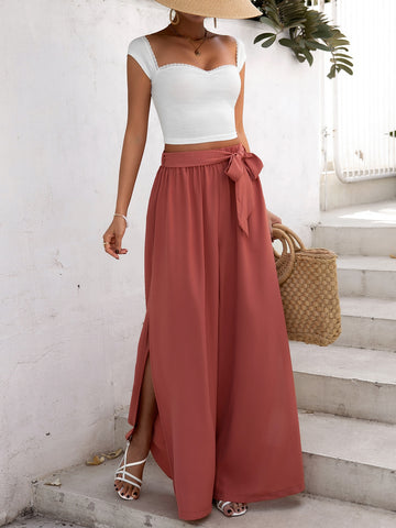 Sweetheart Neck Crop Top & Split Thigh Belted Pants
