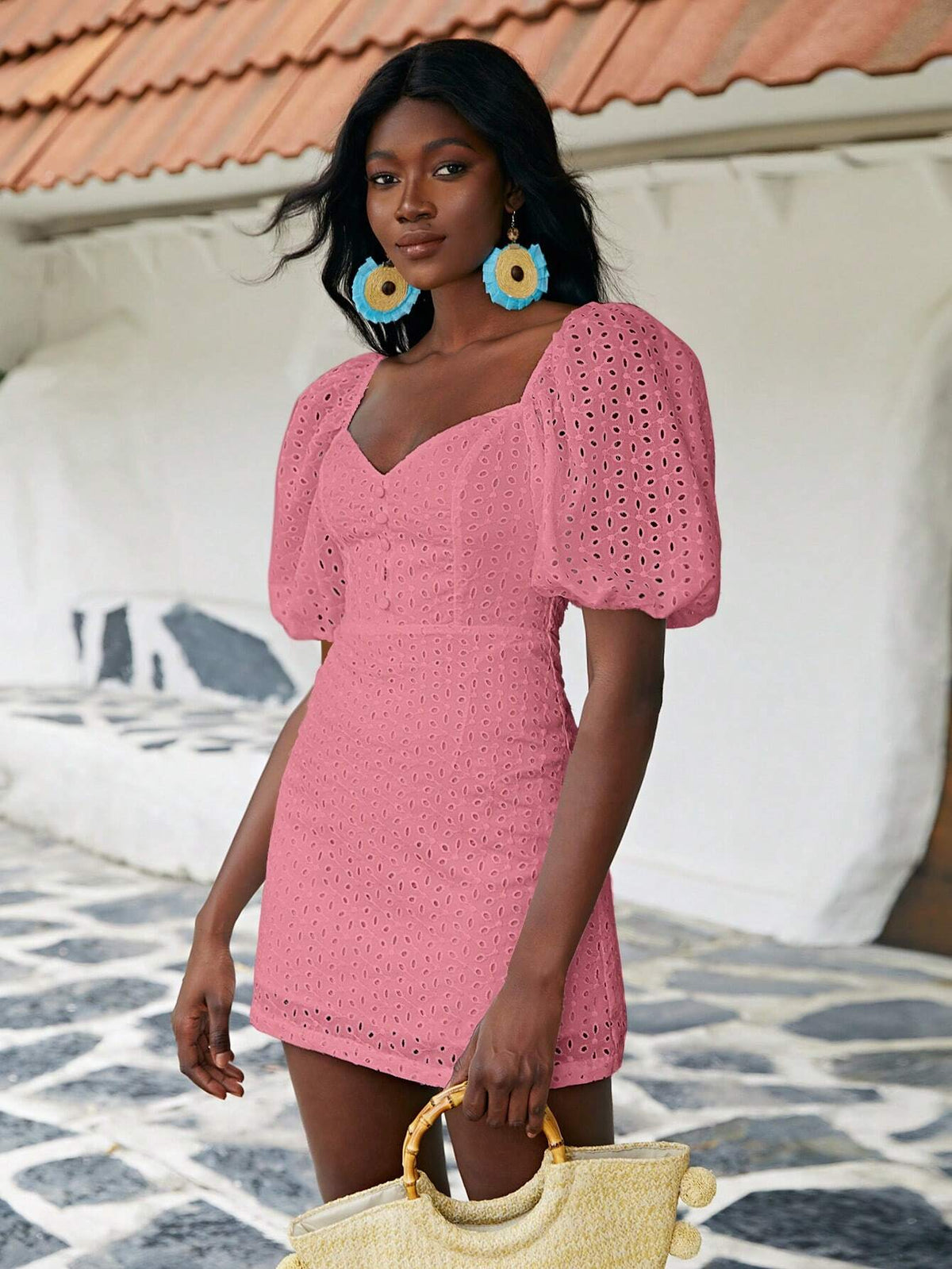 Sweetheart Neck Puff Sleeve Schiffy Short Dress