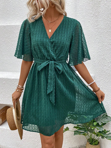 Swiss Polka Dot V-Neck Wrap Dress