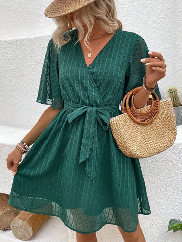 Swiss Polka Dot V-Neck Wrap Dress