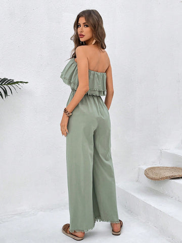 Tassel Detail Knotted Waist Vacation Strapless Jumpsuit