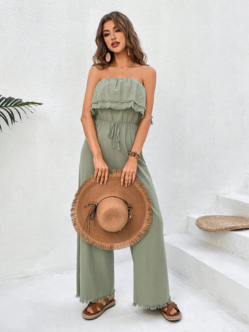 Tassel Detail Knotted Waist Vacation Strapless Jumpsuit