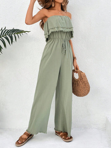 Tassel Detail Knotted Waist Vacation Strapless Jumpsuit