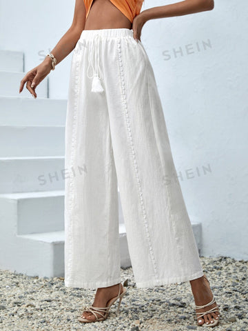 VCAY Tassel Tie Waist Guipure Lace Insert Wide Leg Pants