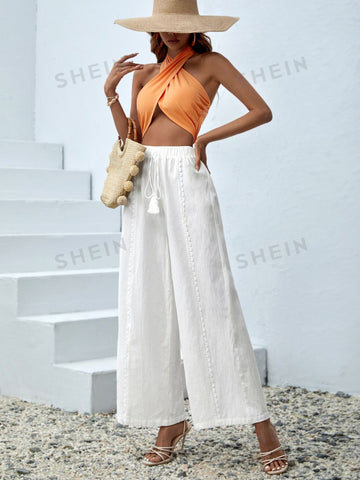 VCAY Tassel Tie Waist Guipure Lace Insert Wide Leg Pants