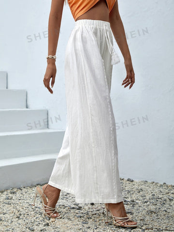 VCAY Tassel Tie Waist Guipure Lace Insert Wide Leg Pants